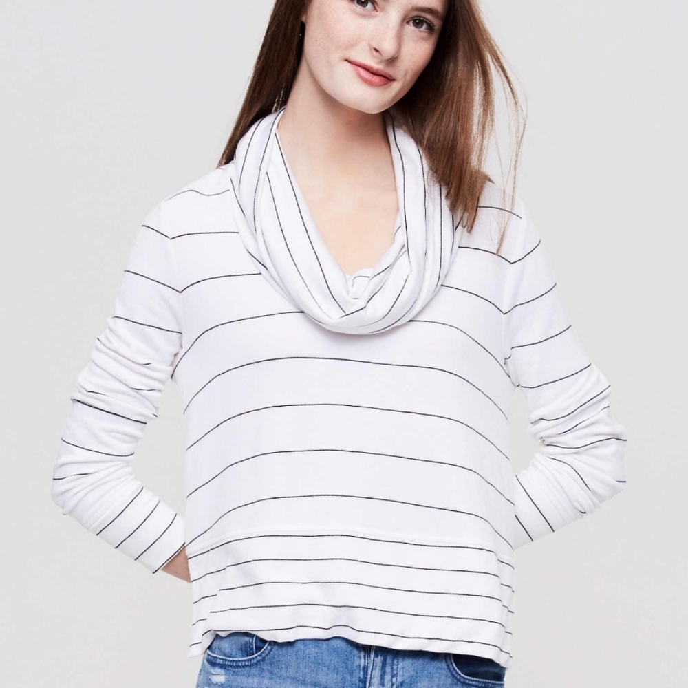 Lou & Grey Signaturesoft Top White Black Stripe Cowl Neck Shirt size Small
